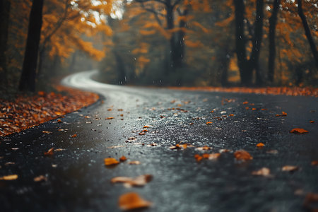 Autumn forest road with curve asphalt and vibrant fall foliageの素材