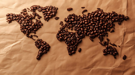 Coffee bean world map on kraft paper, global coffee industry conceptの素材