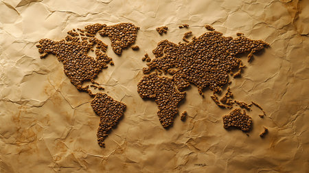 Coffee bean world map on kraft paper, global coffee industry conceptの素材
