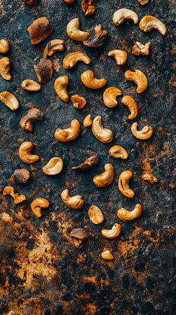Cashew nuts background, top view of healthy snack and organic foodの素材