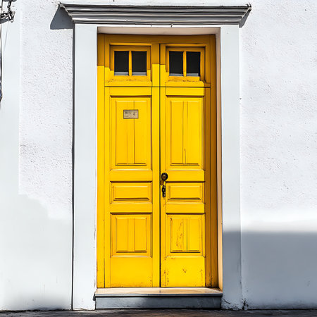 Bright yellow closed door on a simple white wall, minimal designの素材