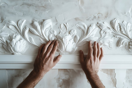 Top-down view features two hands resting on a white floral plaster ornament attached to a heavily textured wall, creating an elegant design element.の素材