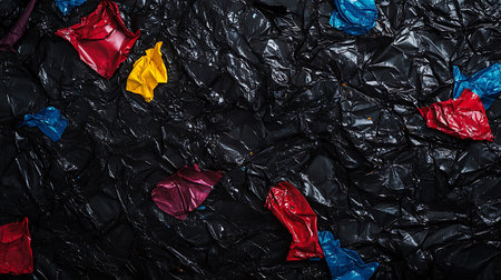 Top-down shot of an abstract texture formed by wrinkled black plastic, interspersed with crinkled pieces of red, yellow, and blue plastic adding colorful contrast and depth.の素材