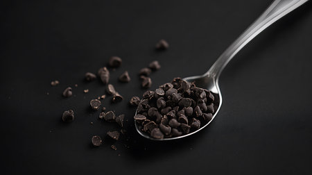 Dark chocolate chips presented on a metal spoon against a black backdrop. The focus highlights the rich color and texture of the chocolate, perfect for baking inspiration.の素材