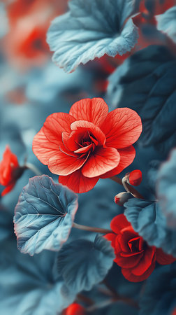 A macro view showcases vibrant red begonia flowers, some fully open, surrounded by delicately textured blue-tinged foliage and a budding bloom, all in soft focus.の素材