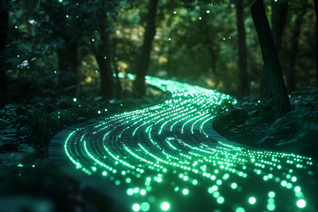 A mesmerizing view of a path through a dense forest, illuminated by rows of vibrant green lights that add a mystical glow. Ferns and trees surround the pathway.の素材