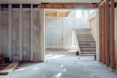 Inside view of an unfinished home showcasing exposed framing, partial drywall installation, and progress on the staircase. Natural light illuminates the construction site.の素材
