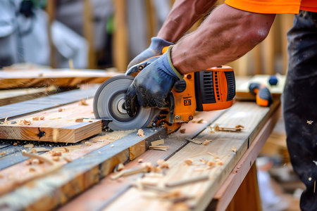 Close-up shot showing a carpenter carefully cutting wood with a circular saw, focusing on the saw blade's interaction with the wood and the resulting sawdust. Carpentry project in progress.の素材
