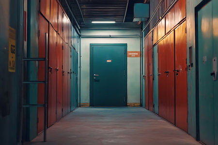 Lit storage unit hallway featuring blue metal door at end and rows of metal lockers on both sides, alternating teal and burnt orange colors. Dim lighting. Cool color palette.の素材