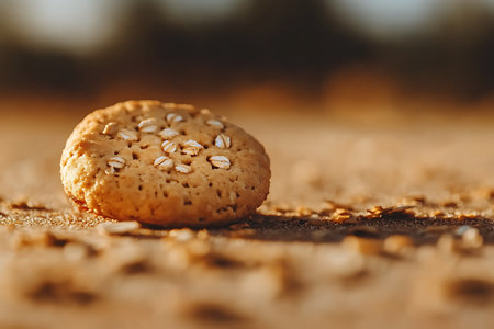 This close-up showcases a single oatmeal cookie adorned with visible oats, sitting on a surface with varied textures. Warm, golden light enhances the cookie's color.の素材