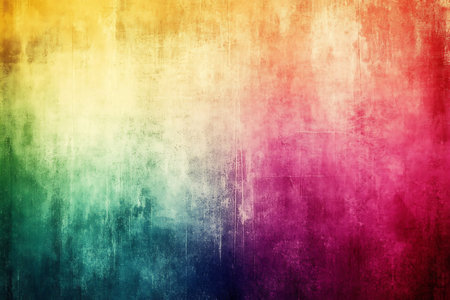 Captivating multicolor texture showcasing a vibrant gradient from yellow to red and teal to purple. The distressed surface with grunge adds depth and character.の素材