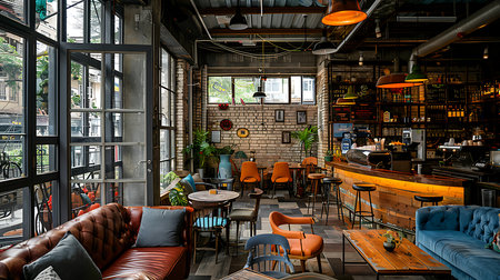 This image captures a welcoming cafe interior with comfortable leather sofas, a stylish bar counter, and exposed brick walls. Natural light streams through large windows, creating a warm ambiance.の素材
