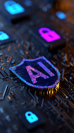 A detailed, close-up view of an AI security shield on a circuit board. The shield contains the letters AI and is surrounded by padlock icons. Tech cybersecurity.の素材