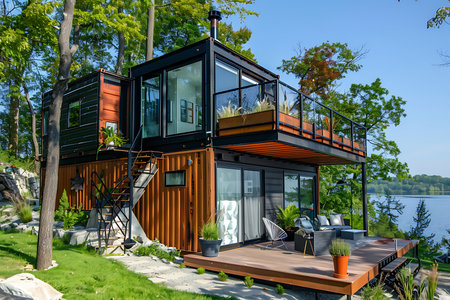 Captivating view of a modern, two-story shipping container home featuring a spacious deck, surrounded by lush greenery and a tranquil lake backdrop, offering a serene escape.の素材