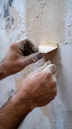 Close-up shot shows hands using a scraper to remove old paint from a wall. Focus is on the tool and dust-covered hands, highlighting home renovation.の素材