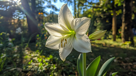 A close-up photograph showcases a radiant white amaryllis flower, its delicate petals backlit by sunlight against a blurred background of a vibrant garden scene.の素材