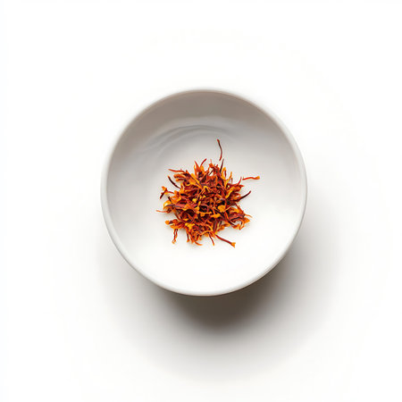 Top-down minimalist view showcases vibrant saffron threads piled inside a plain white ceramic bowl, against a bright white backdrop, highlighting the spice.の素材