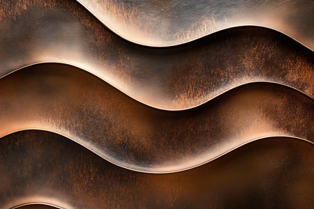 Close-up showcasing textured wavy copper panels, revealing intricate surface details. The abstract composition emphasizes the undulating forms and rich, warm tones of the metal.の素材