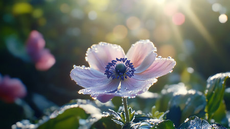A macro shot showcases a delicate pink and white anemone flower with dewdrops glinting in the sunlight, highlighting its intricate details against a soft, blurred background.の素材