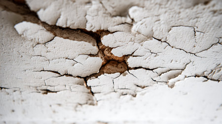 Detailed, macro image showcases heavy cracking and peeling of white paint on a wall, revealing an older layer beneath. Shows significant aging and potential need for repair.の素材
