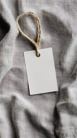 A simple and clean product mockup featuring a blank white tag hanging with a jute string on light gray draped fabric. Perfect for branding and product presentation.の素材
