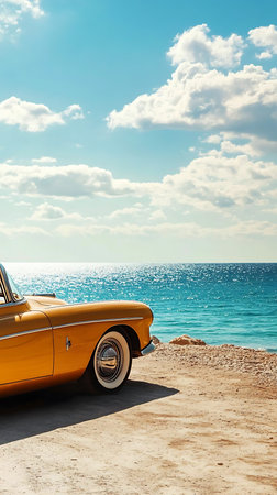 Nostalgic scene showing a vibrant yellow vintage car parked on a sandy beach, crystal clear ocean view with glistening sunlight and fluffy clouds in the sky.の素材