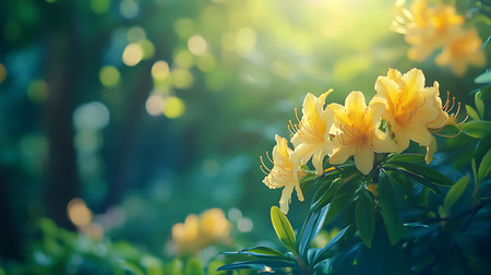 Breathtaking close-up of sun-kissed yellow rhododendron flowers, highlighting their delicate details against a backdrop of soft, blurred greenery, creating a peaceful garden atmosphere.の素材