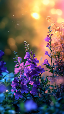 A stunning close-up of purple flowers bathed in golden sunlight, creating a warm and inviting bokeh background with blurred lights and magical dust specks.の素材