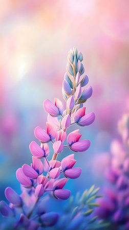 An up-close view showcases the delicate, soft pink and purple petals of a lupine flower. A pastel, blurred background creates a dreamlike effect and enhances the bloom.の素材