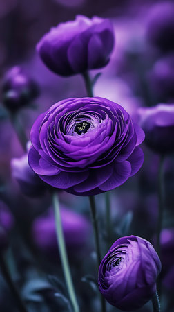 Close-up showcases the intense purple hues and layered petals of ranunculus flowers, capturing their vibrant beauty in a subdued, atmospheric garden environment.の素材