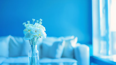 Elegant room displays white flowers in glass vase on a table. Background features a blurred white sofa, blue wall, and window. Serene, calming, interior design aesthetic.の素材