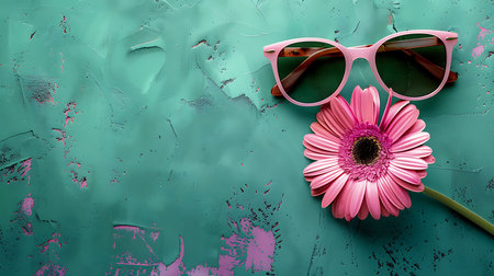 Stylish image featuring pink framed sunglasses and a vibrant pink gerbera daisy. They rest against a textured turquoise surface with pink accents, offering a visually appealing contrast.の素材