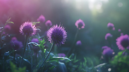 A soft, ethereal image showcasing several vibrant purple thistle flowers in varying degrees of focus, against a backdrop of blurred greenery bathed in gentle light.の素材
