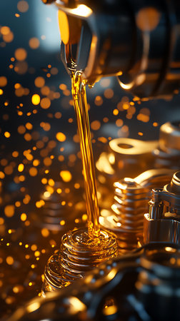 Close-up on automotive oil being poured into the engine, highlighting the lubricating process. Bokeh lights in the background emphasize depth and the importance of quality.の素材