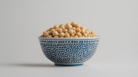Abundant chickpeas fill a blue patterned bowl against a plain white backdrop. Simple, clean image emphasizing the natural, wholesome quality of the vegan ingredient.の素材