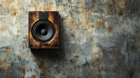 A vintage, rustic loudspeaker mounted on a distressed, textured wall with a peeling paint effect. The speaker features a black driver in a worn, wooden casing.の素材
