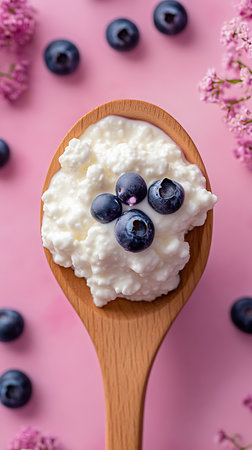 Top-down view of cottage cheese with plump blueberries on a wooden spoon, contrasting against lilac flowers and a vibrant pink background, creating an appetizing food composition.の素材