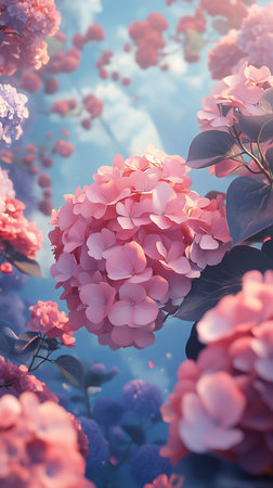 A beautifully rendered image showcasing a cluster of pink hydrangea blossoms set against a serene light blue backdrop, with other pastel flower hues fading in the distance.の素材