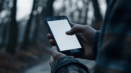 Close-up view showcases a hand holding a smartphone with a blank white screen against a blurred, misty outdoor backdrop with tree silhouettes. Cold, muted color palette.の素材