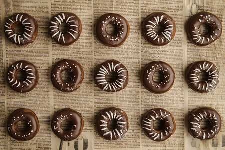 Eye-level view featuring fifteen chocolate-frosted donuts with unique white sprinkles, artistically placed on a vintage newspaper background, evoking a sense of delicious indulgence and old-world charm.の素材