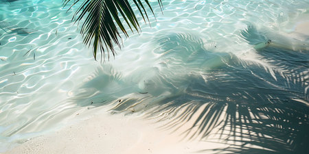 Close-up showcasing clear turquoise water meeting white sand, accented by a dark green palm frond and its shadow on the ocean floor, creating a tropical scene.の素材