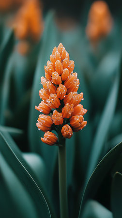 A close-up captures the beauty of an orange Cyrtanthus flower, delicately adorned with water droplets, standing prominently against a backdrop of dark green foliage.の素材