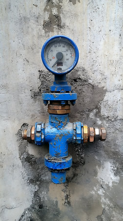 Close-up image captures an industrial blue painted pipe with a pressure gauge, secured against a weathered concrete wall, detailing the wear and textures.の素材