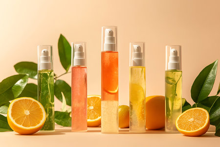 Five cosmetic serum bottles are displayed with various citrus slices and green leaves. Each clear bottle showcases different tinted serums with visible citrus inclusions.の素材