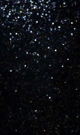A captivating close-up unveils a dark backdrop adorned with shimmering gold sparkles and an abundance of circular confetti, mimicking a festive night sky ambiance.の素材