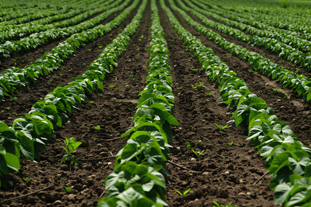Rows of bright green bean plants extend into the distance in a freshly tilled field. The neat planting shows diligent farming and future crops.の素材