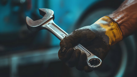 A gloved hand firmly grips two silver wrenches, showcasing tools for automotive repair, mechanical engineering, and industrial maintenance against a blurred workshop background.の素材