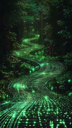 Surreal forest scene featuring a winding path overlaid with a digital green grid, creating a neon trail. Dense foliage surrounds the glowing, illuminated pathway.の素材