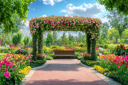 Beautiful flower garden featuring a red brick path leading to a bench under a flower-covered archway. Lush greenery and bright blossoms abound under a partly cloudy sky.の素材