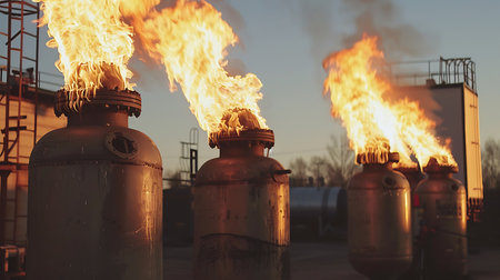 Row of four industrial gas flares emitting large flames at a processing plant during the sunset. Gas flaring for waste reduction at a manufacturing facility is visible.の素材